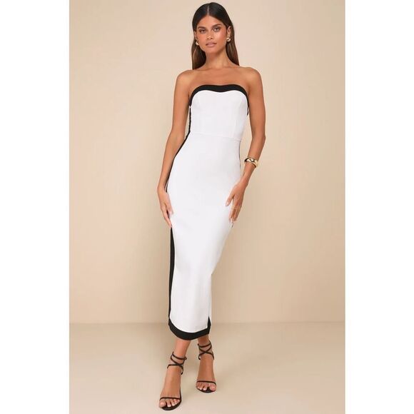 Lulus Impressive Edge White Color Block Strapless Midi Dress Size XS NWT - Picture 1 of 9